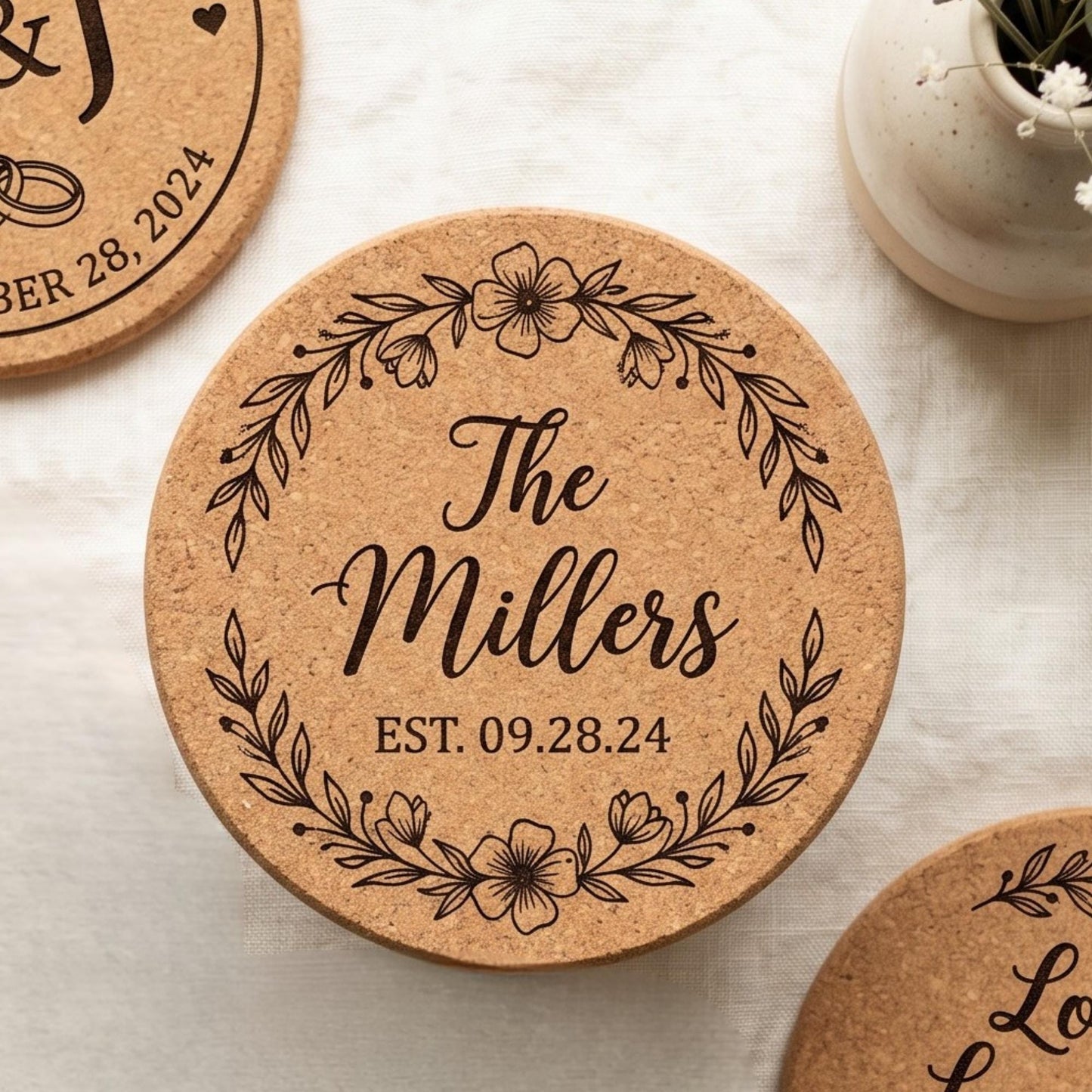 Custom Engraved Cork Coasters, Personalized Wedding Favors, Business Logo Promo