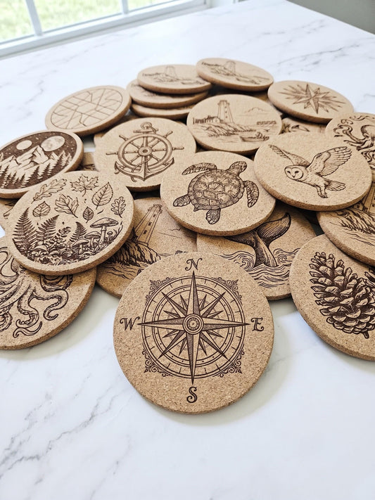 Personalized Cork Coasters, Custom Engraved Wedding Favors, Business Logo Promo - 4" Round
