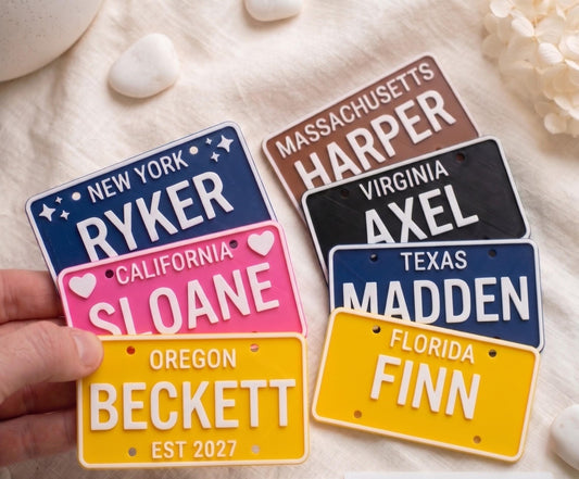 Personalized US State License Plate for Kids Ride On Cars | Custom 3D Printed Name Plate Toy Gift | Cozy Coupe Bike Wagon Stroller Tag