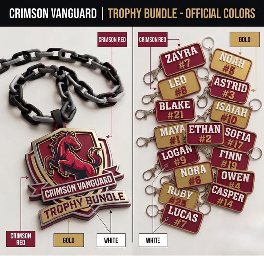 Custom Youth Sports Team Trophy Bundle - 1 Large Hype Chain Turnover Necklace + Matching Player Keychains Bag Tags