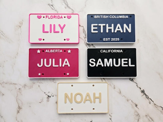Personalized 3D Printed Custom Name License Plate US Canada Provinces Kids Ride-On Bike Toy Gift
