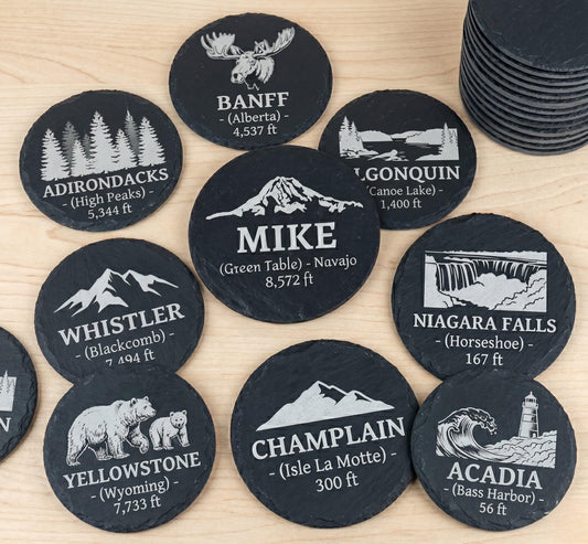 Personalized Mountain Slate Coasters – Custom Engraved Topographic Peak Decor