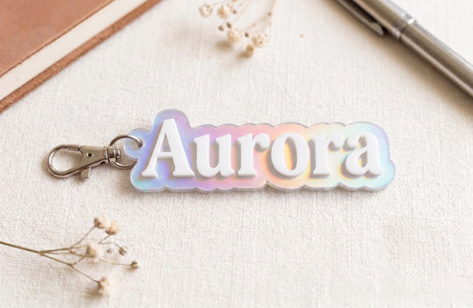 Personalized Iridescent Name Keychain - Pastel Rainbow Custom Bag Tag - Holographic Bridesmaid Proposal Gift
