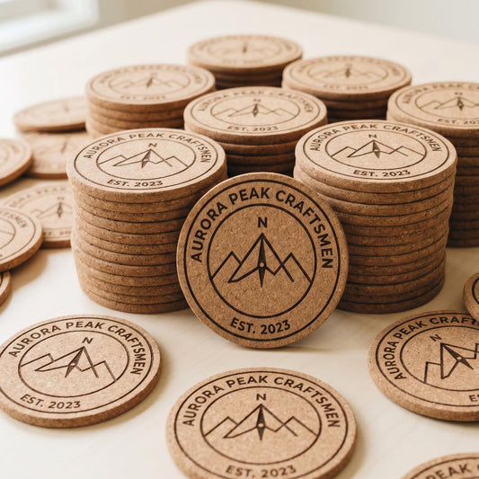Custom Engraved Cork Coasters, Personalized Wedding Favors, Business Logo Promo