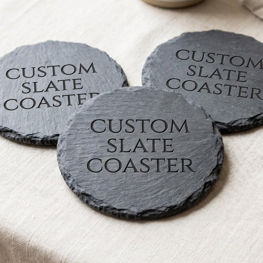Custom Laser Engraved Slate Coasters, 4 Inch Round Logo Branding, Wholesale Business Gifts