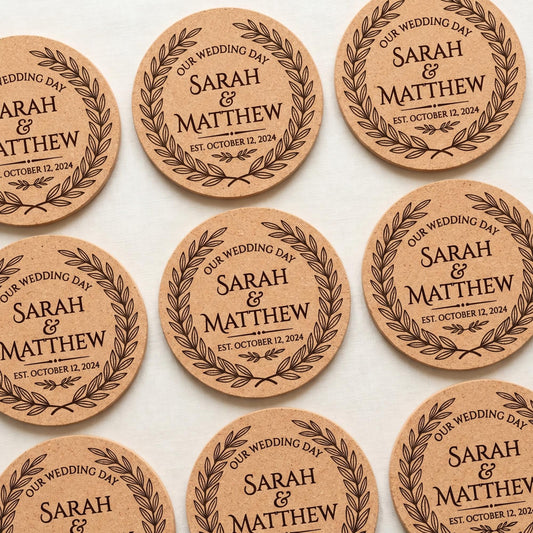 Custom Engraved Cork Coasters, Personalized Wedding Favors, Business Logo Promo