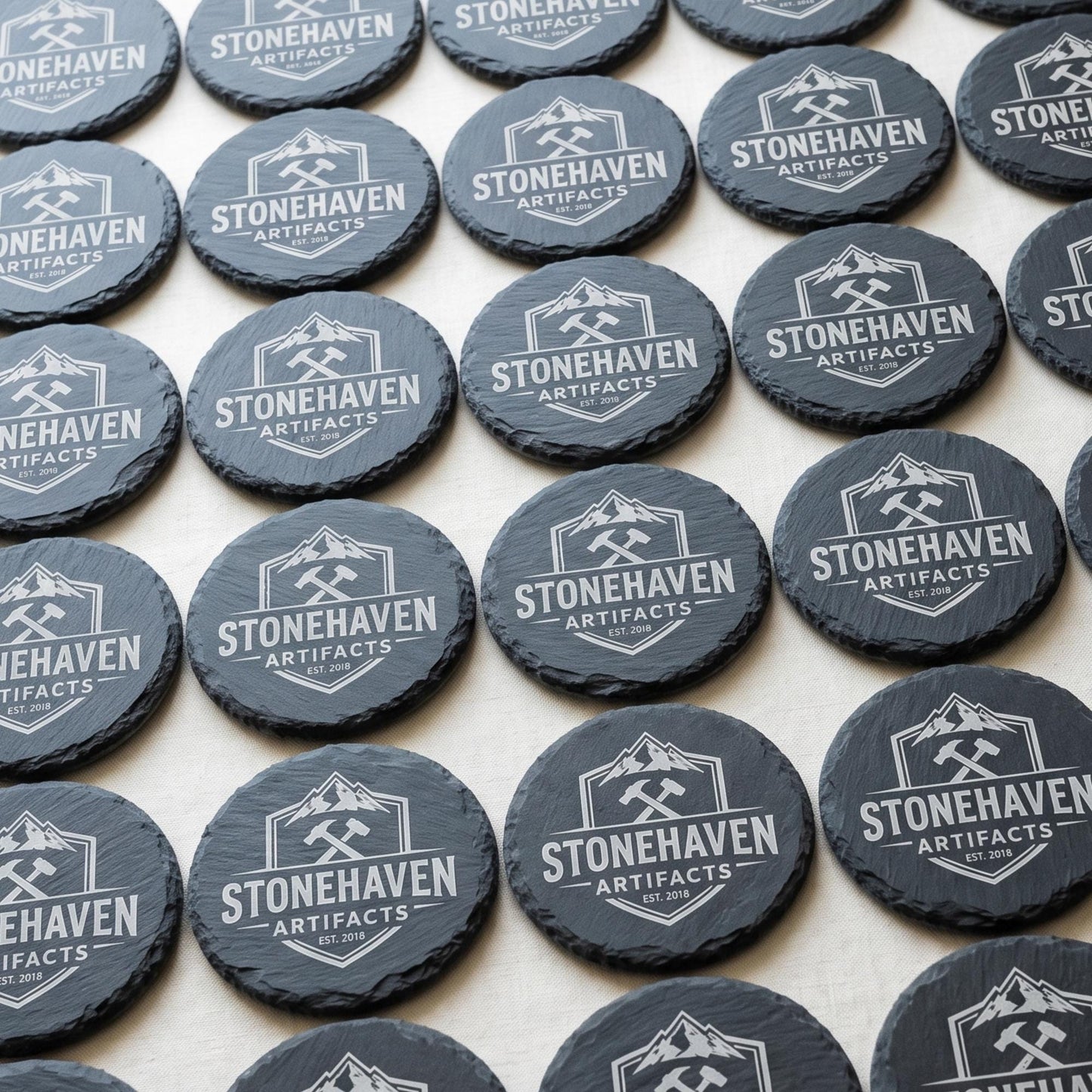 Custom Laser Engraved Slate Coasters, 4 Inch Round Logo Branding, Wholesale Business Gifts