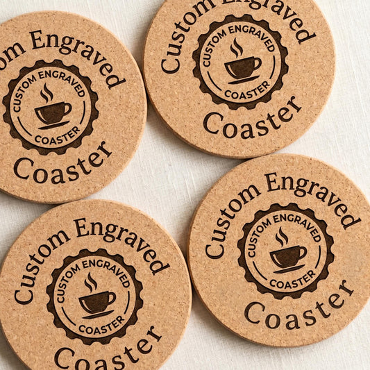 Personalized Cork Coasters, Custom Engraved Wedding Favors, Business Logo Promo