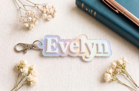 Personalized Iridescent Name Keychain - Pastel Rainbow Custom Bag Tag - Holographic Bridesmaid Proposal Gift