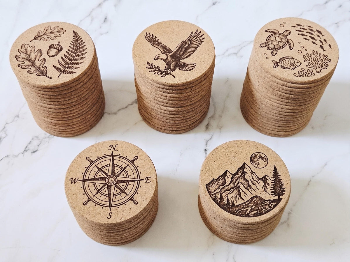 Personalized Cork Coasters, Custom Engraved Wedding Favors, Business Logo Promo - 4" Round