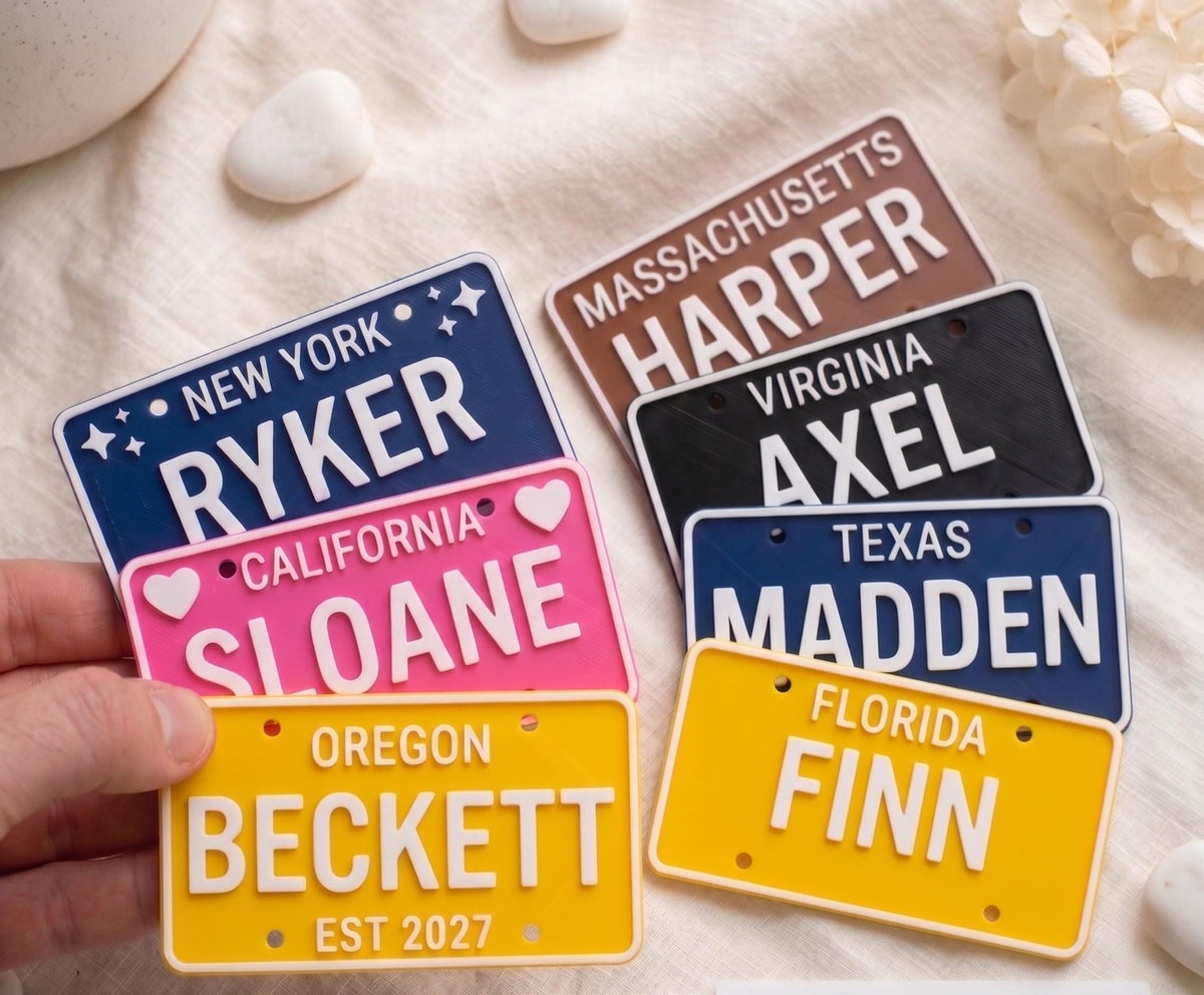 Personalized US State License Plate for Kids Ride On Cars | Custom 3D Printed Name Plate Toy Gift | Cozy Coupe Bike Wagon Stroller Tag