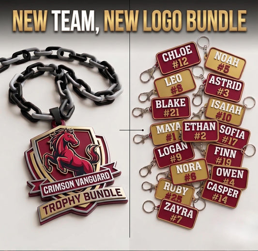 Custom Youth Sports Team Trophy Bundle - 1 Large Hype Chain Turnover Necklace + Matching Player Keychains Bag Tags
