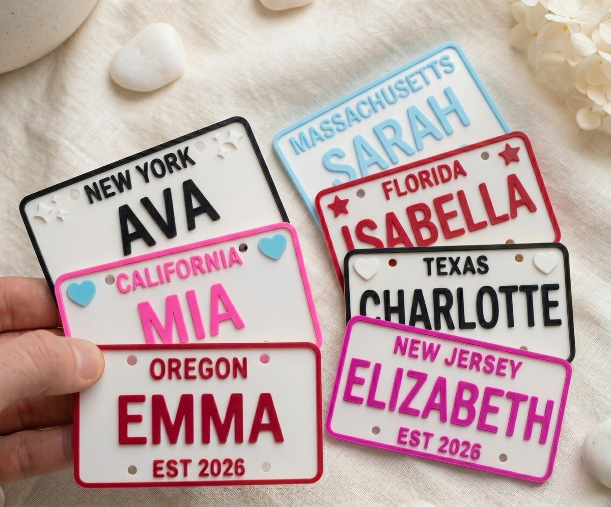 Personalized US State License Plate for Kids Ride On Cars | Custom 3D Printed Name Plate Toy Gift | Cozy Coupe Bike Wagon Stroller Tag