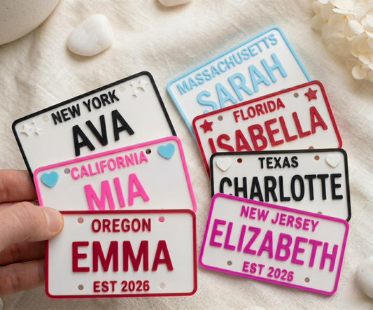 Personalized US State License Plate for Kids Ride On Cars | Custom 3D Printed Name Plate Toy Gift | Cozy Coupe Bike Wagon Stroller Tag