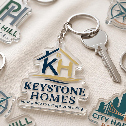 Custom Logo Acrylic Key chains, Company Branded Swag Giveaways, Realtor Client Gift, UV Printed Tags