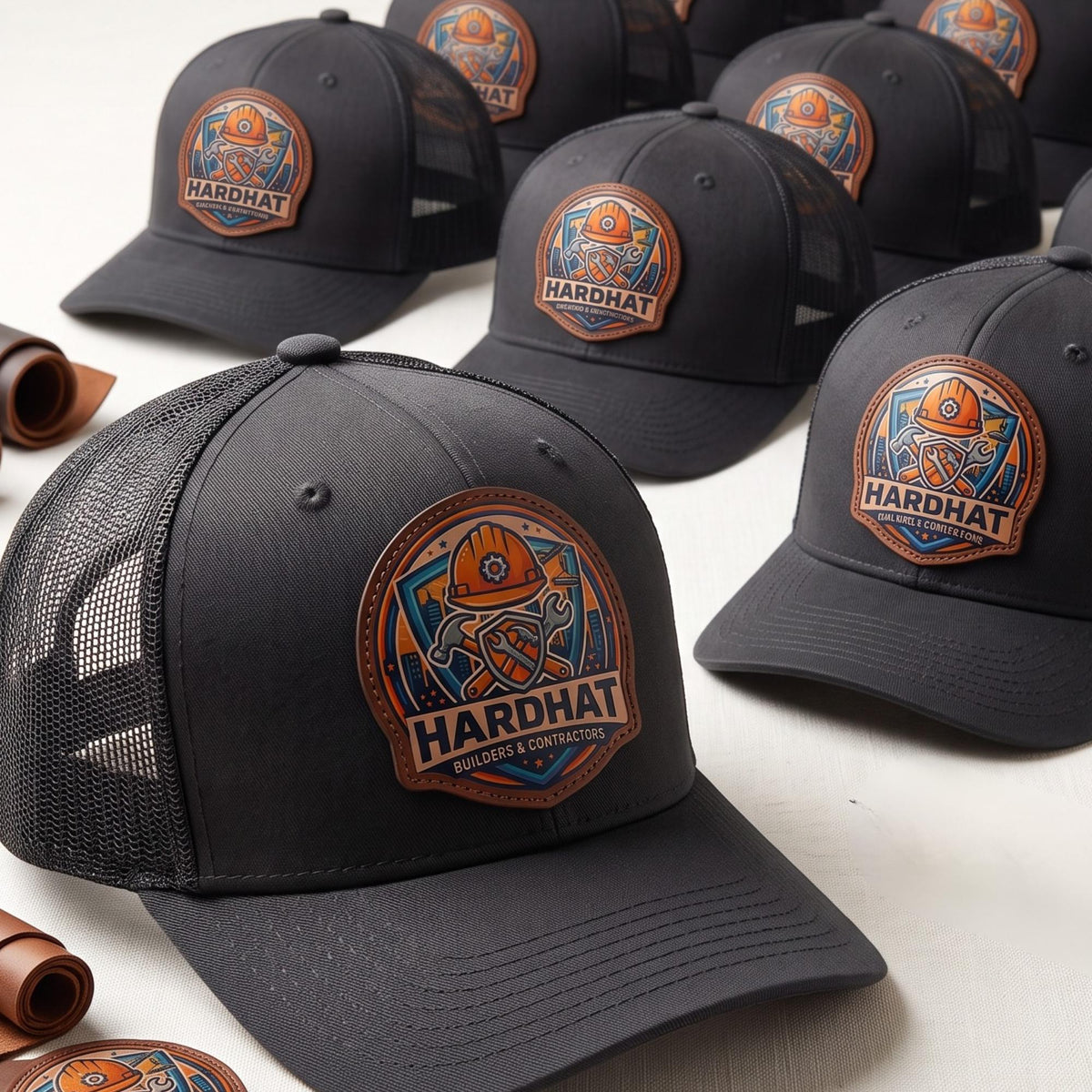 Custom Logo Trucker Hat, Full Color UV Print Leather Patch, Promotional Merch