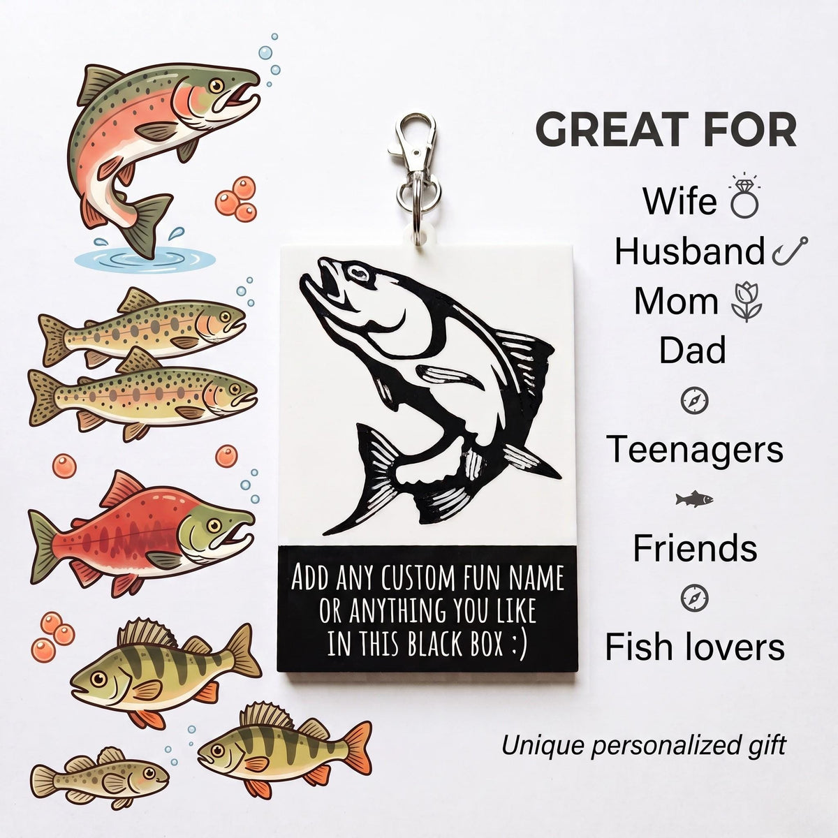 Personalized Fish Keychain with Custom Text, Custom Name Fisherman Keyring, Funny Fishing Accessories, Outdoor Angler Gift for Dad Husband